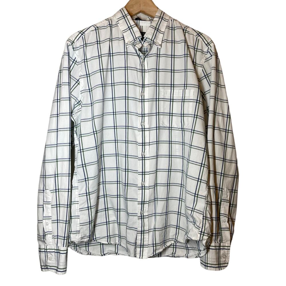 J Crew Button down Shirt Slim Untucked Windowpane Plaid Large White Blue Green